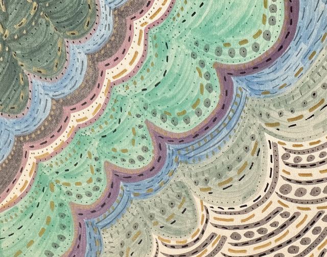 Scalloped wave-like bands of pattern in seafoam green, pink, and cream
