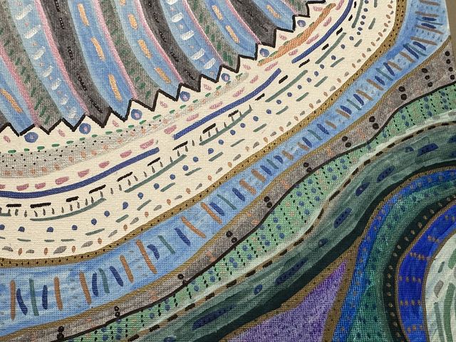Curved bands of intricate blue, teal, and copper patterning