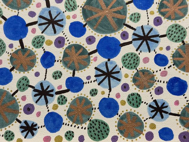 Abstract painting of blue and green circles connected by black lines with star marks