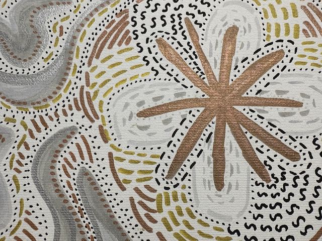 Copper asterisk star surrounded by flowing dotted and dashed fields