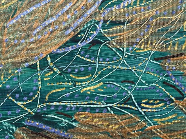 Layered green and gold linework with fine white threads