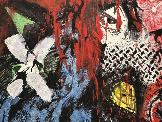 Expressive red, black, and white abstract with a pale flower form