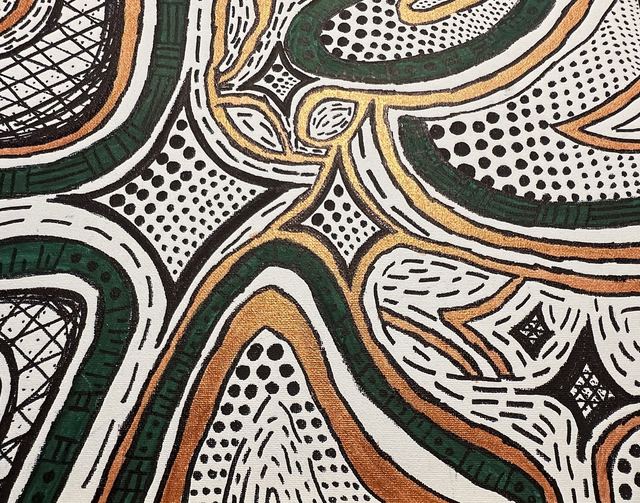 Dense abstract pattern field in black, copper, and cream