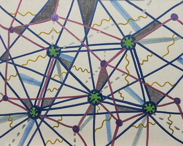 Network of straight blue and violet lines meeting at green starburst nodes