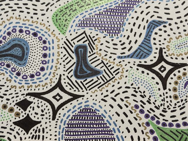 Abstract painting of dotted pools and star shapes in blue, green, and black ink