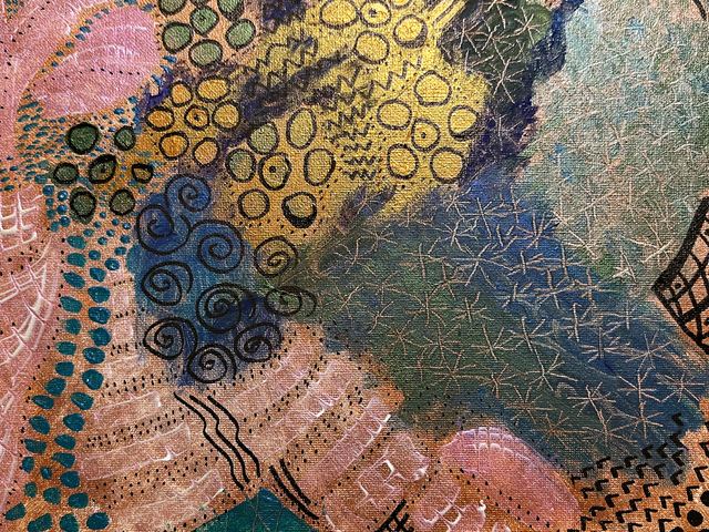 Clusters of gold rings, blue dots, and starry crosshatch on a rosy ground