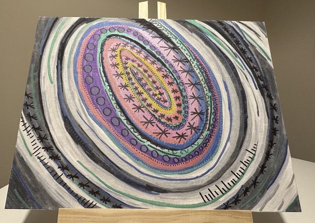 Concentric ovals of layered pattern in pink, teal, and grey