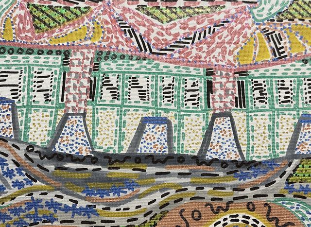 Abstract patterned landscape in pink, green, and yellow marks