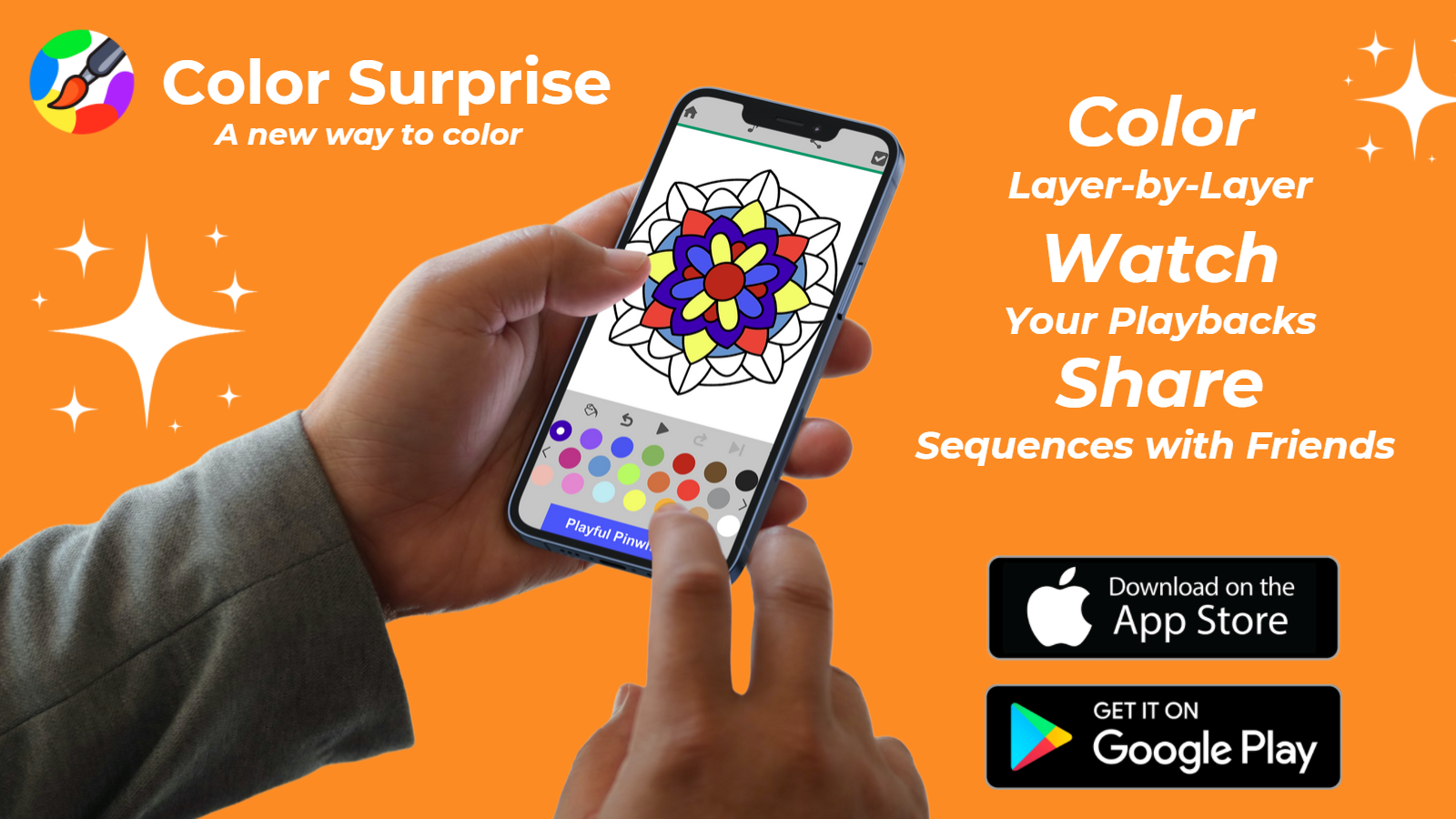 Social ad for a coloring app showing hands holding a phone with a mandala being colored