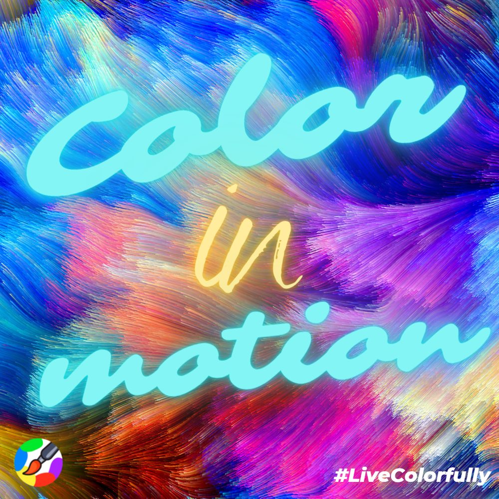 Color in Motion graphic in neon script over rainbow fibers