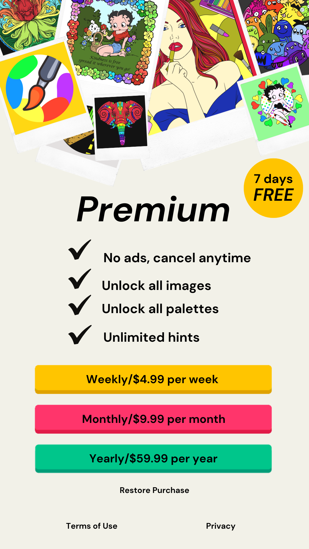 App ad promoting premium subscription with colored artwork samples