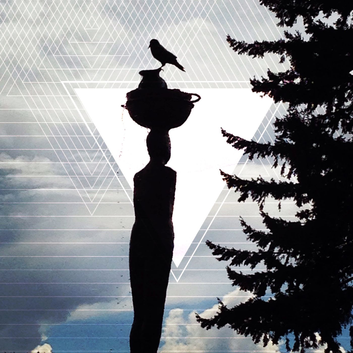 Silhouetted sculpture and pine tree against a gridded cloudy sky with a triangle overlay