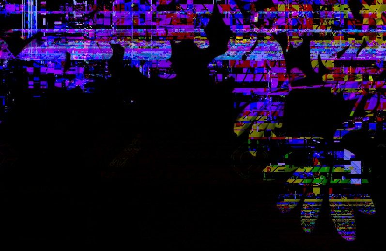Glitch art of silhouettes over scrambled neon color bands