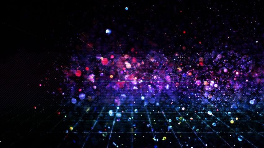 Glowing multicolored particles scattered over a dark grid, like a starfield