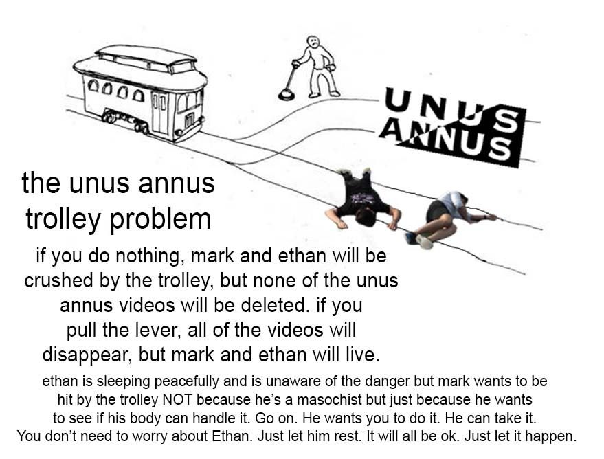 Hand-drawn trolley problem meme parody with annotated branching track