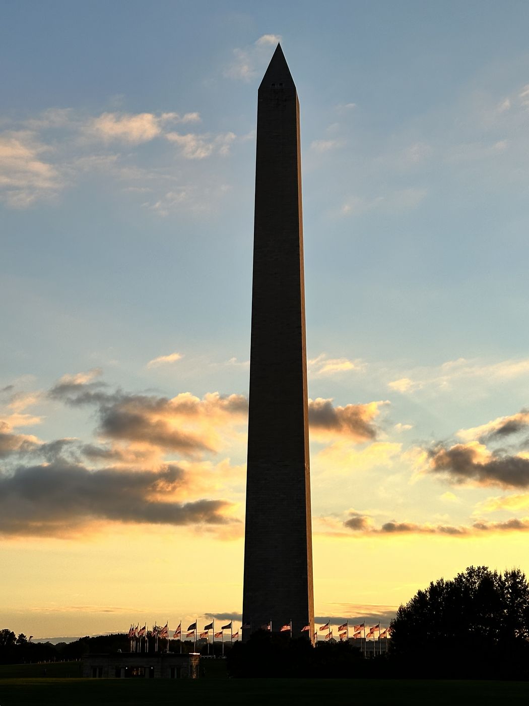 The Washington Monument silhouetted against a golden evening sky